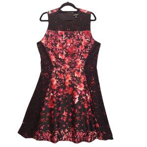 Womens Dress 16 Black Red Rose Floral Lacy Zip Sheath Feminine Career Date Night